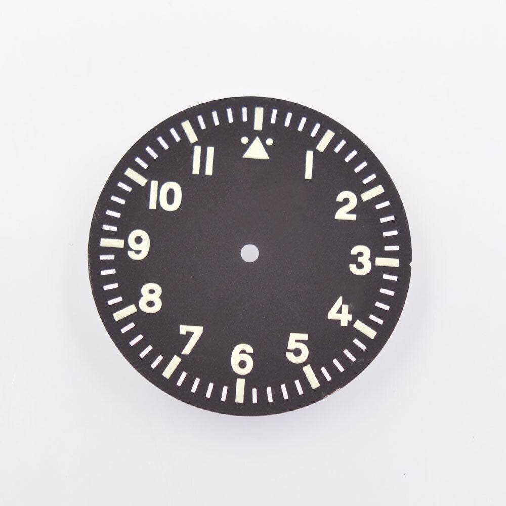 Black watch dial with green lume for MYT 8205 movement, 35.50mm, enhancing visibility and style.