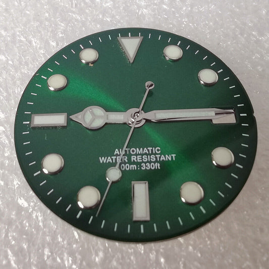 Green 28.8mm watch dial with blue luminous markers, compatible with NH35 NH36 movement.