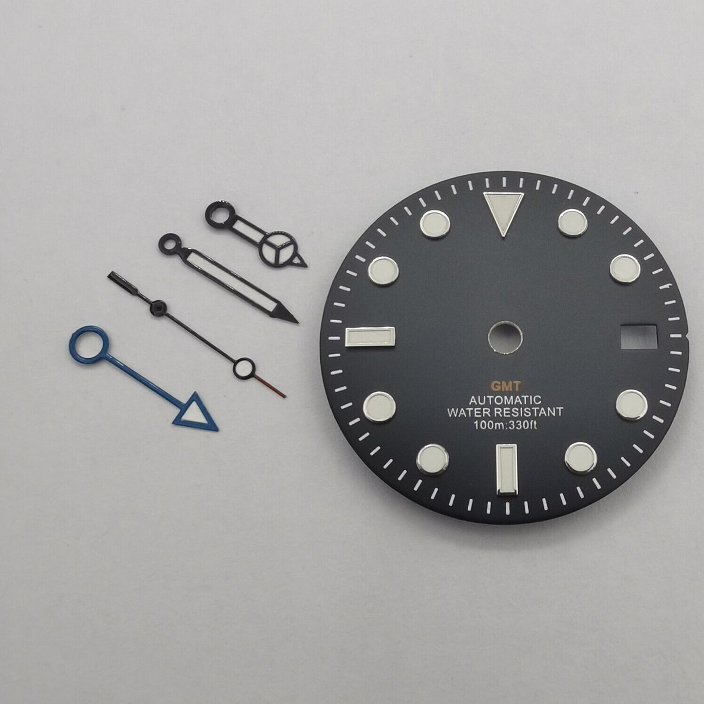 29mm GMT MOD black watch dial with green luminous markers, compatible with NH34 movement, featuring watch hands by GMT.