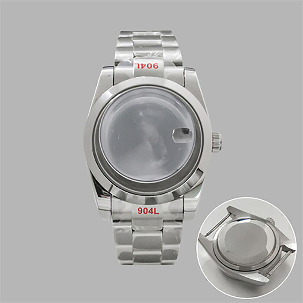 36mm stainless steel watch case and strap with transparent calendar window, compatible with NH35/36 movements.