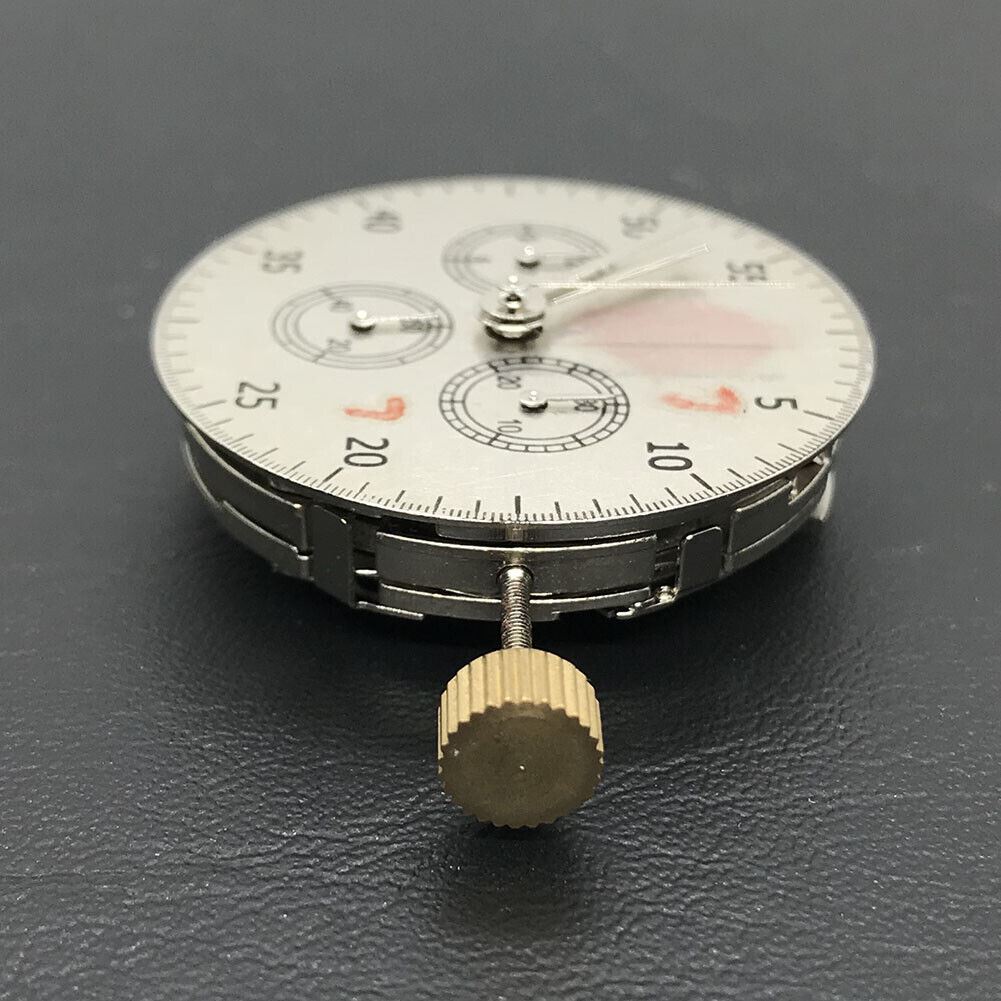 Close-up of Asian 7750 automatic chronograph movement with ETA 7753 layout at 3, 6, and 9 o?clock for watch repair.