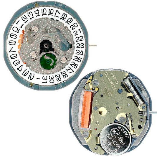 Miyota 1L12 Japan Quartz Movement watch mechanism with date display at 3 o'clock, Japan made.