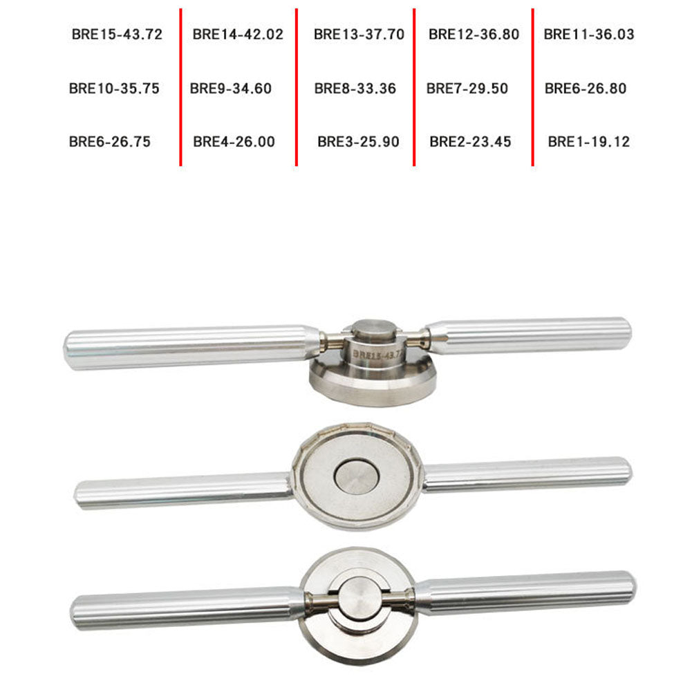 Set of 15 stainless steel watch case opening dies, compatible with Breitling, for precise caseback removal.
