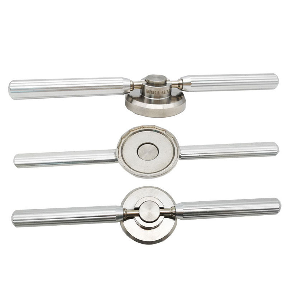 Set of 15 stainless steel watch case opening dies, compatible with Breitling for precise caseback removal.