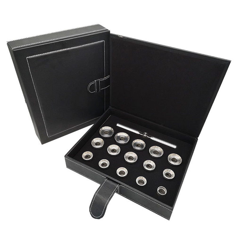 Set of 15 stainless steel watch case opening dies, compatible with Breitling, for precise caseback removal.
