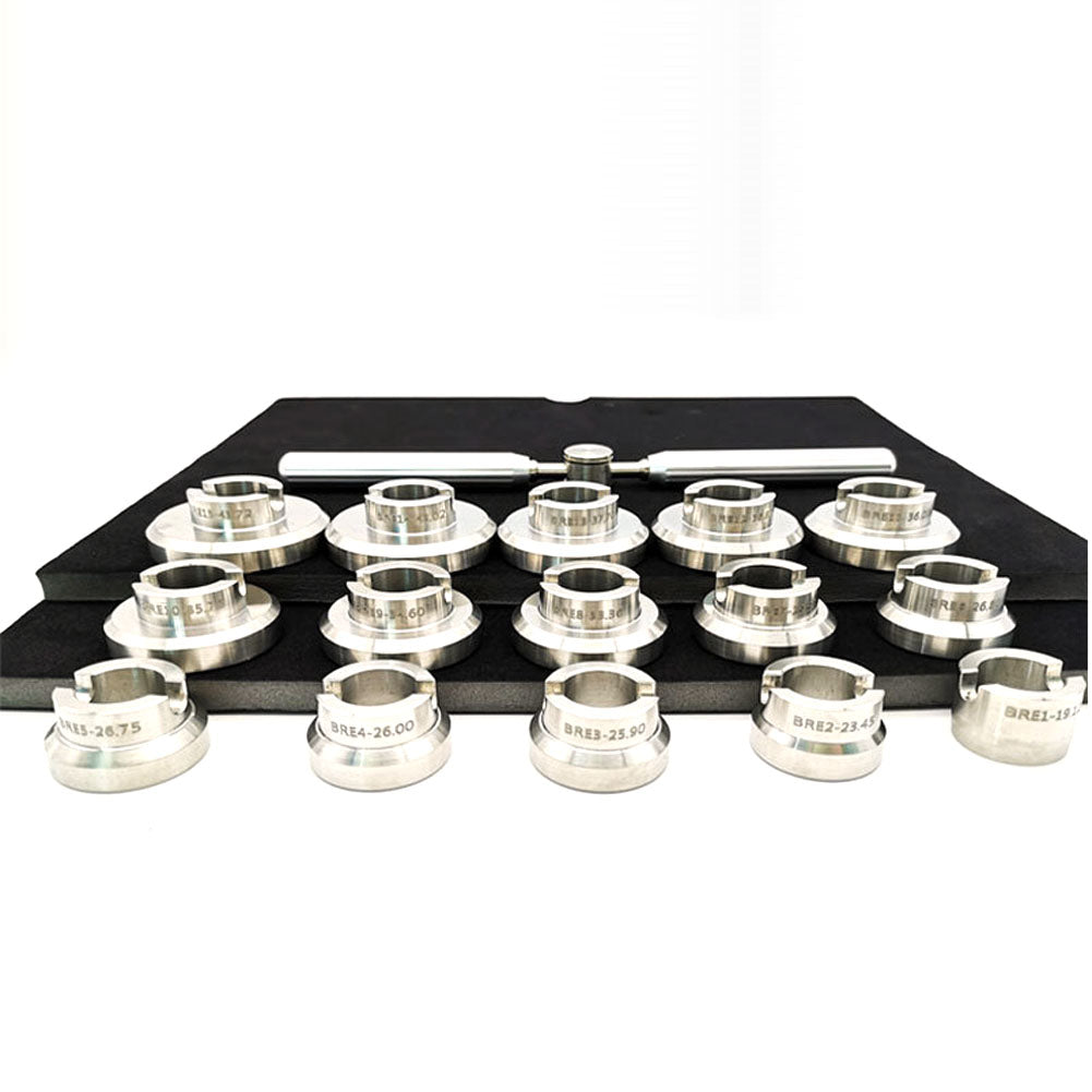 Set of 15 stainless steel watch case opening dies, fits Breitling for precise caseback removal.