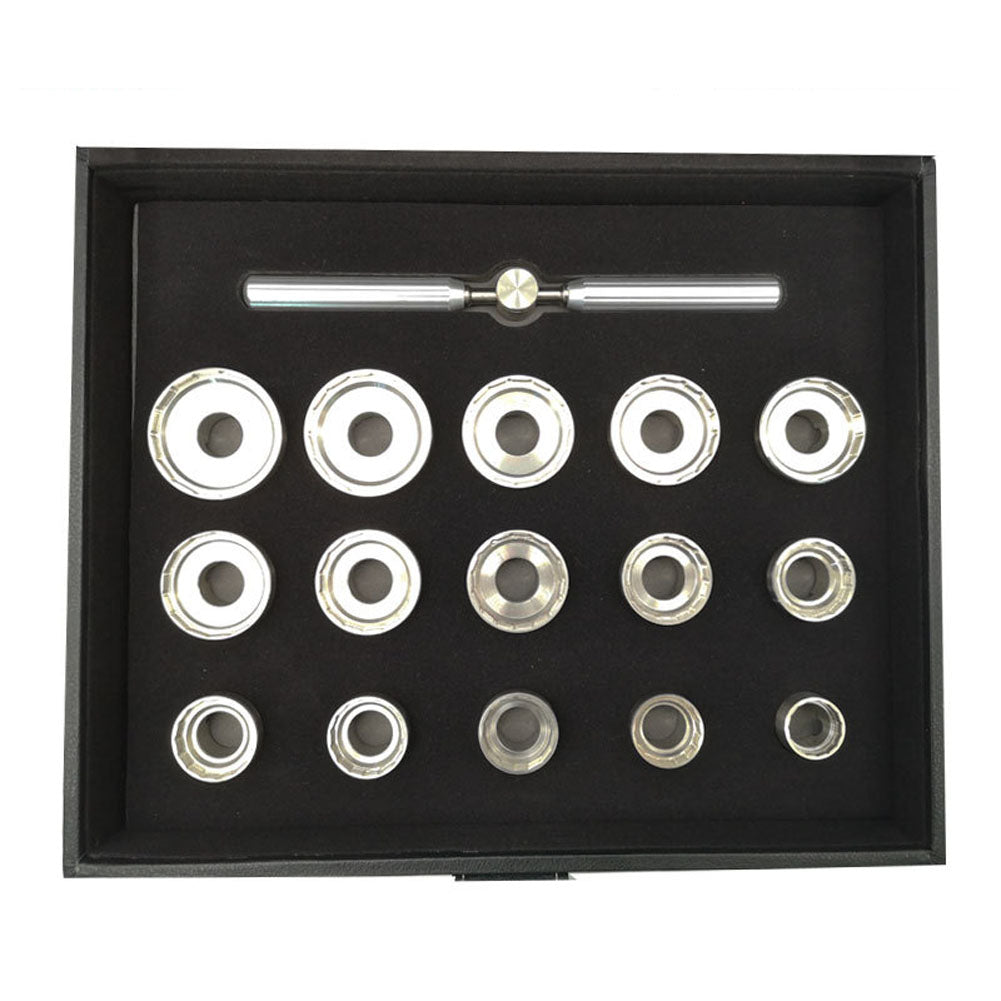 Set of 15 stainless steel Breitling watch case opening dies for precise caseback removal tool.