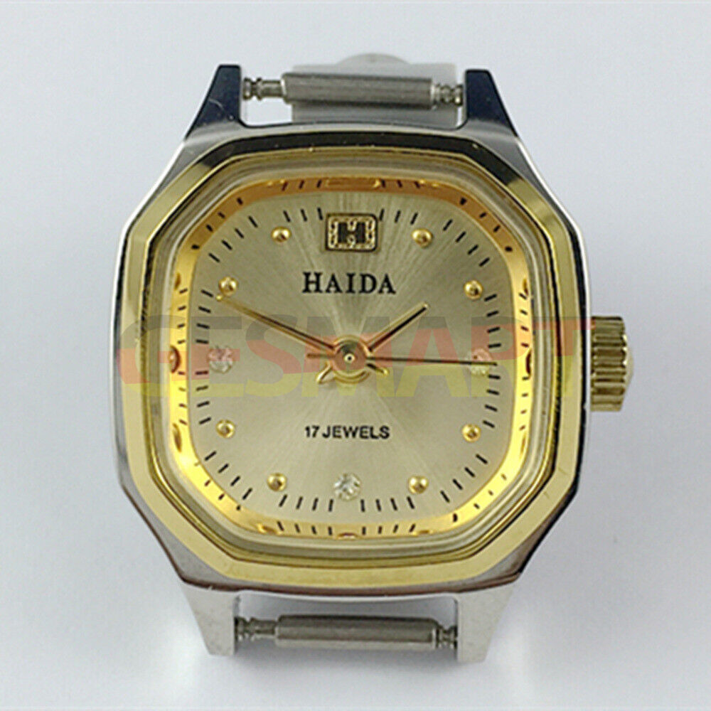 HAIDA Manual mechanical lady watch with golden nail accents, 17 jewels, and octagonal shaped case.