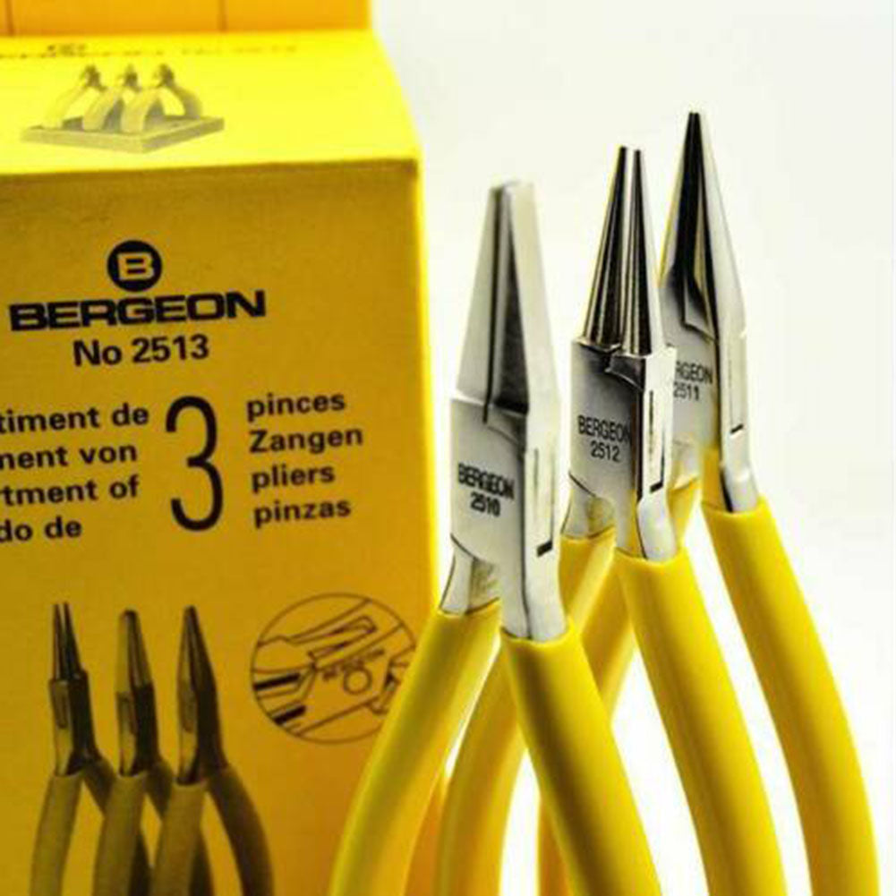 Bergeon 2513 watch tool set with flat, round, and snipe smooth jaw pliers for detailed accessory repairs.
