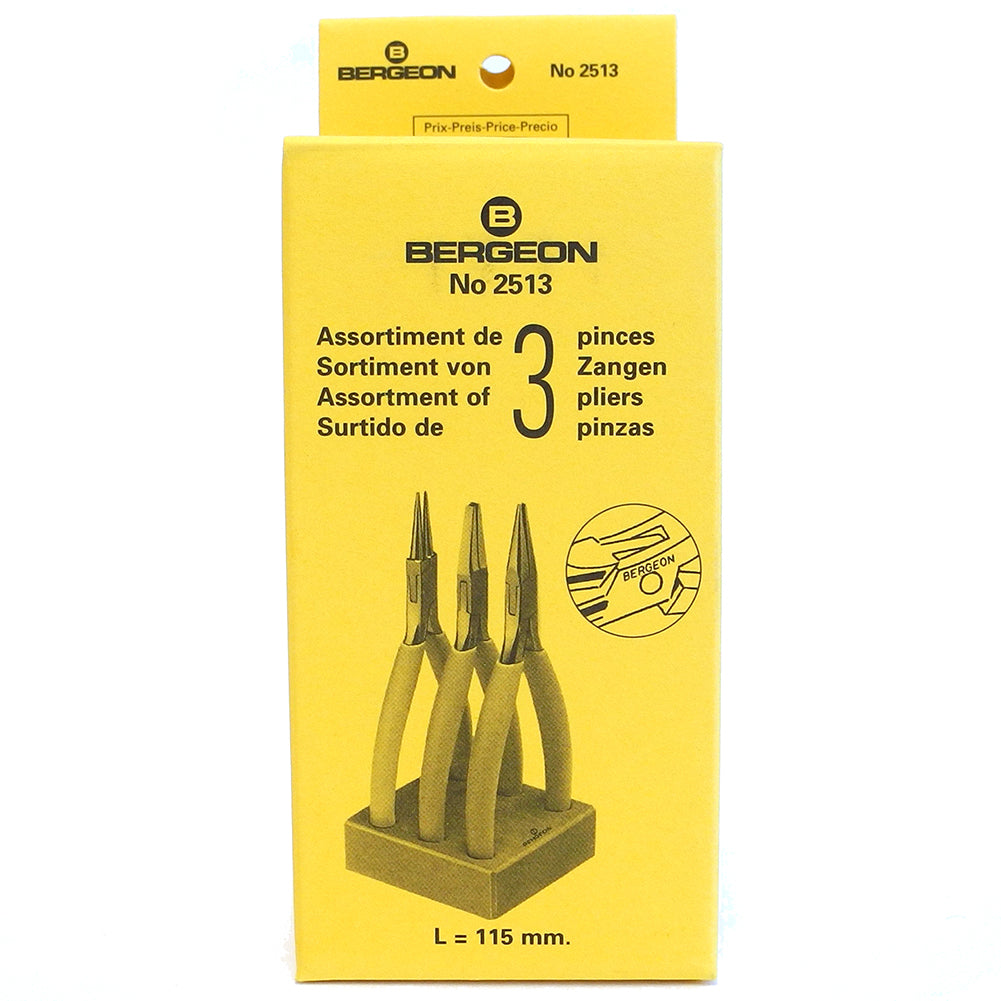 Bergeon 2513 pliers set of 3 with flat, round, and snipe smooth jaws for precise watch accessory repairs