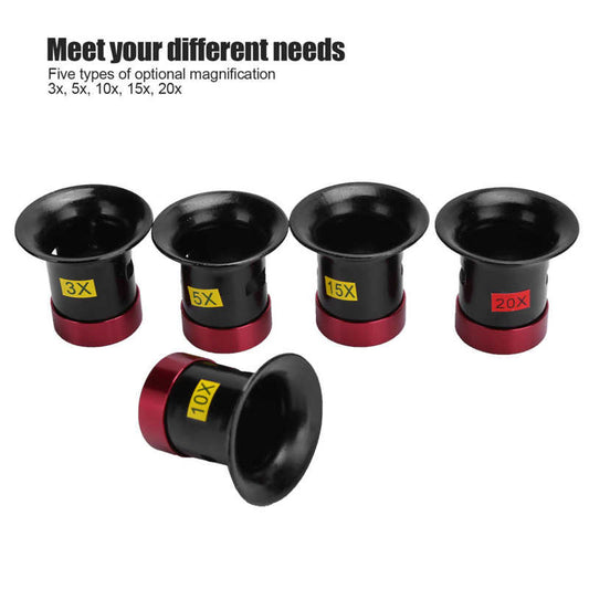 Set of 5 aluminum alloy magnifiers with 3x-20x lenses for detailed watch accessory inspection.