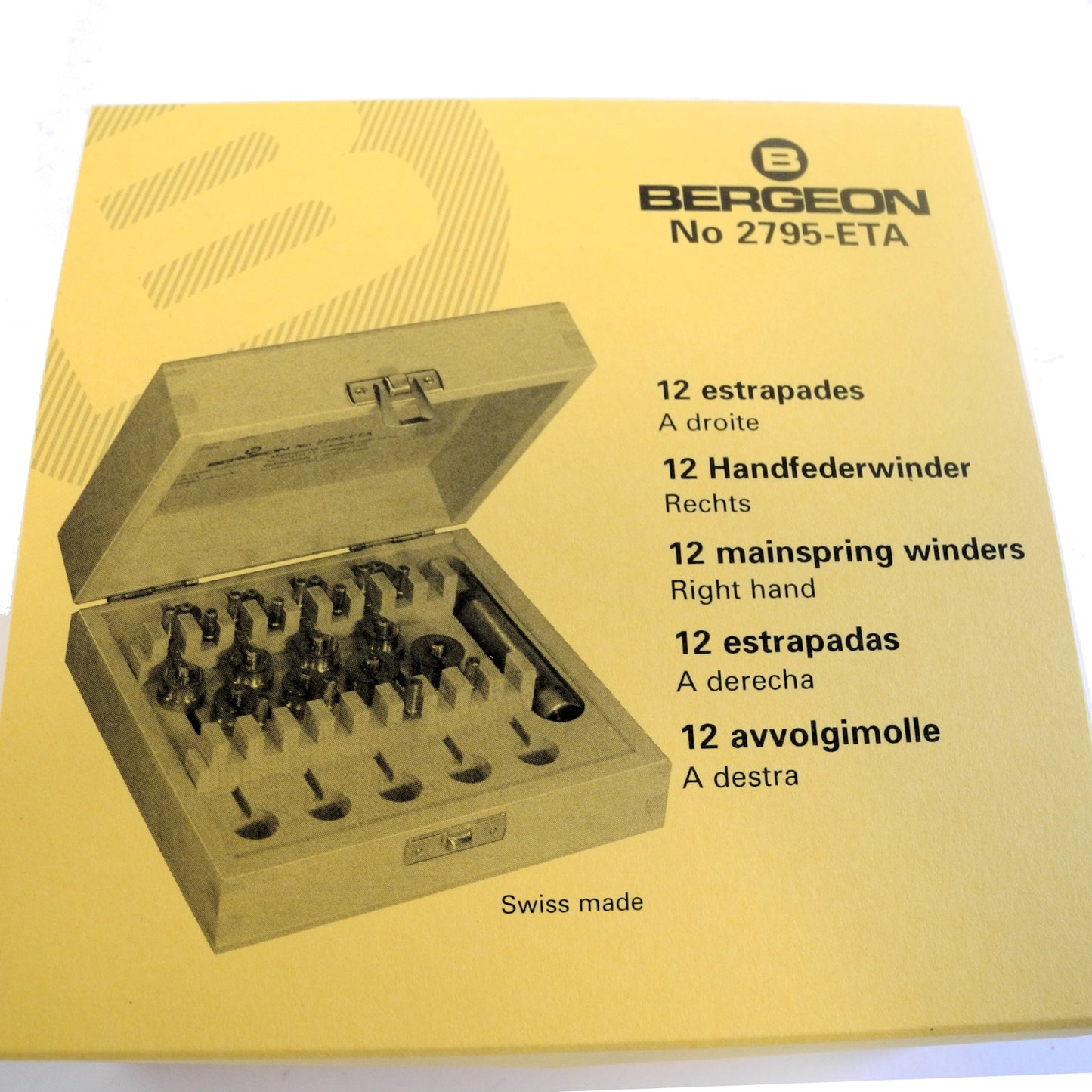 Bergeon 2795-ETA mainspring winder set with 12 tools for precise ETA calibre watch accessory repairs.