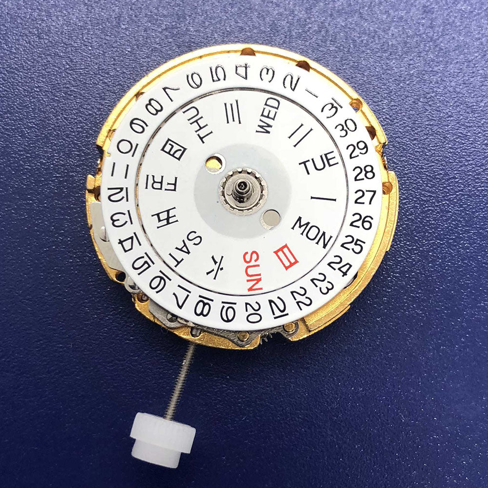 DG2813 automatic mechanical watch movement with golden finish showcasing day and date display.