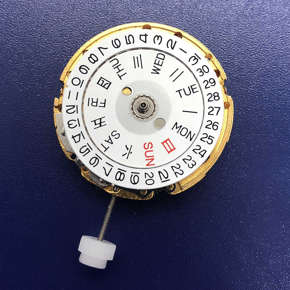 DG2813 automatic mechanical watch movement with golden finish, featuring day and date display for precision timekeeping.