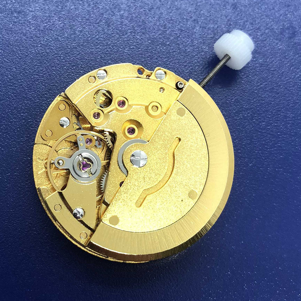 DG2813 automatic mechanical watch movement with golden finish, featuring day and date display for precise timekeeping.