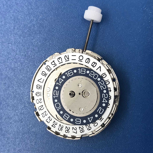 DG2813 watch movement showcasing automatic mechanical design, 3 hands, 24-hour display window in silver finish.