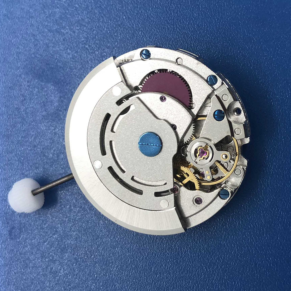 DG2813 automatic watch movement with silver finish, 3 hands, and 24-hour display window for precise timekeeping.
