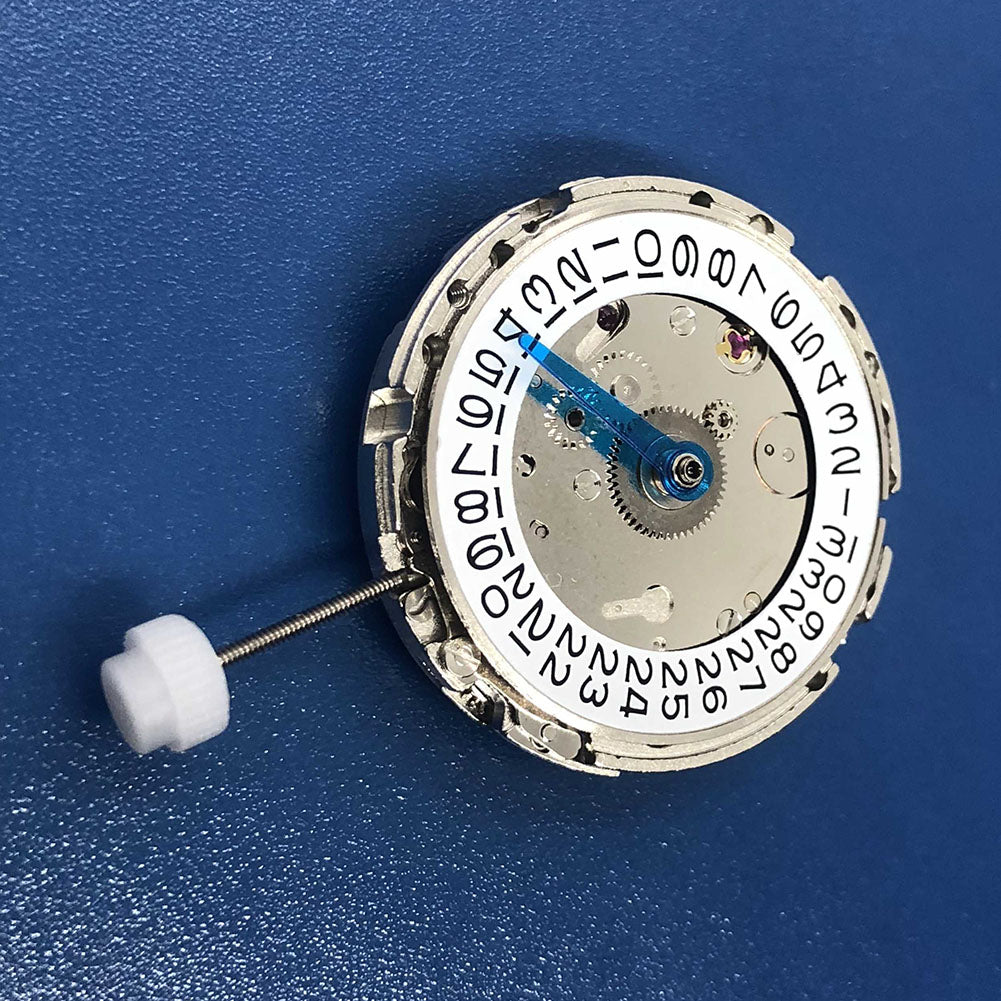 DG2813 silver automatic watch movement with 4 hands and adjustable 24-hour GMT for precise timekeeping.
