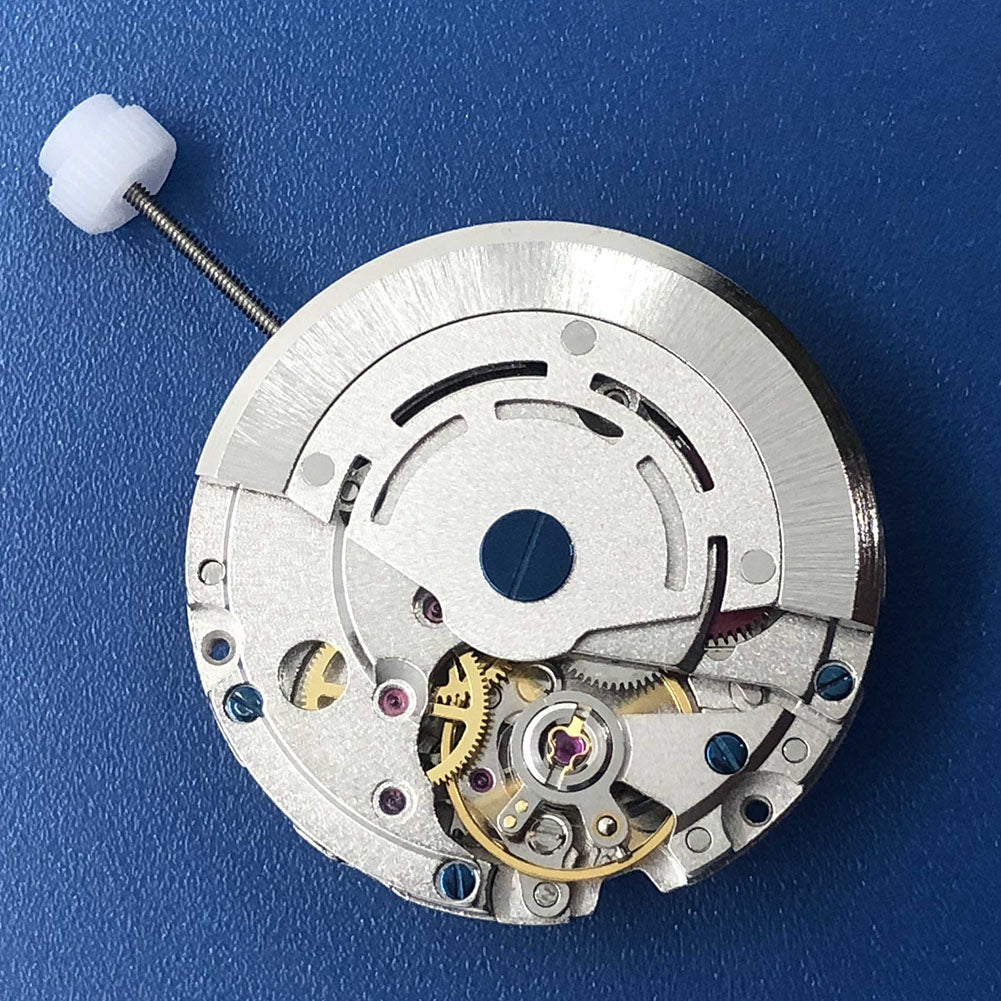 DG2813 silver automatic watch movement with 4 hands and adjustable 24-hour GMT for precise timekeeping.