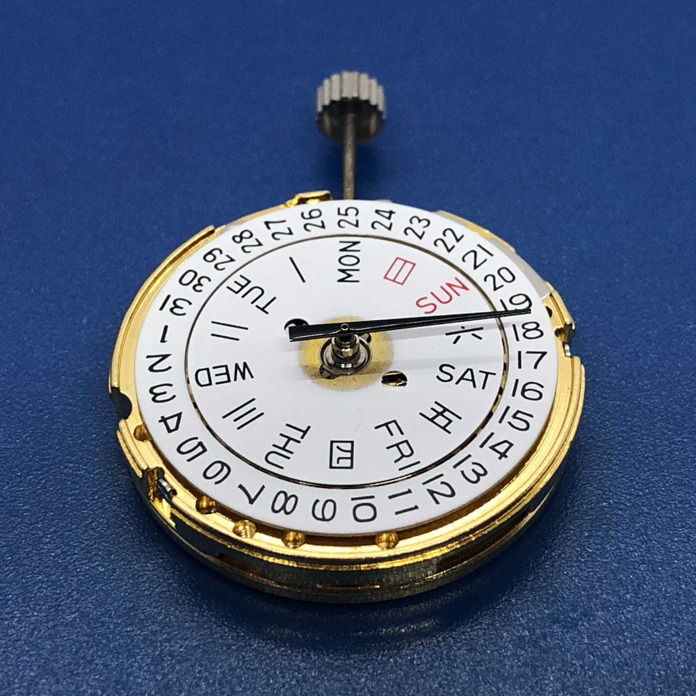Golden TianJing DG2813 automatic watch movement featuring day-date display and polished intricate gears.