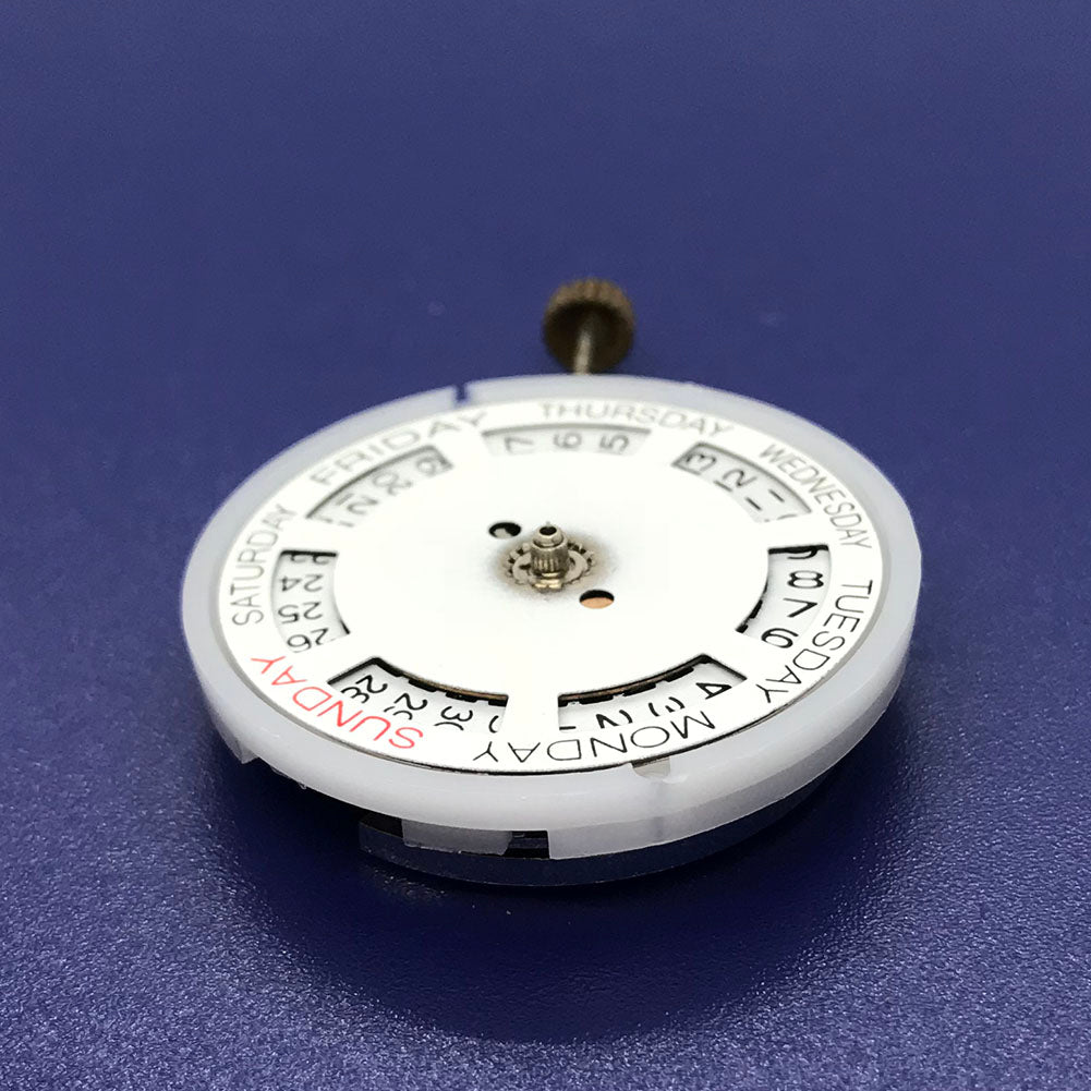 DG2813 automatic mechanical watch movement with day-date display, silver finish. Ideal for watch repairs.