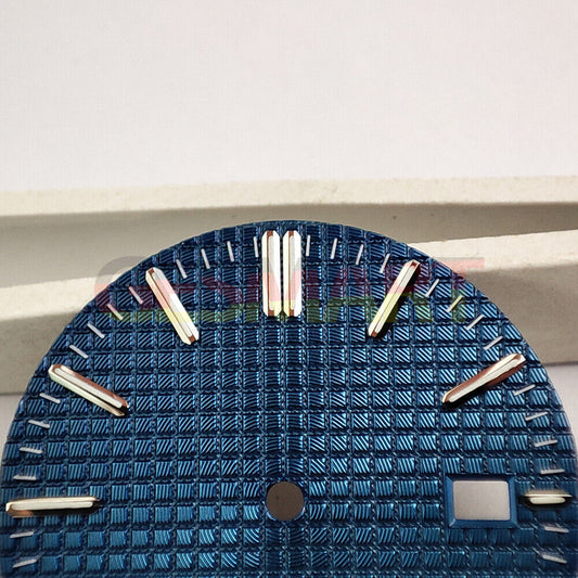 Green lume watch dial with silver trim and blue check pattern, compatible with NH35 movement,.