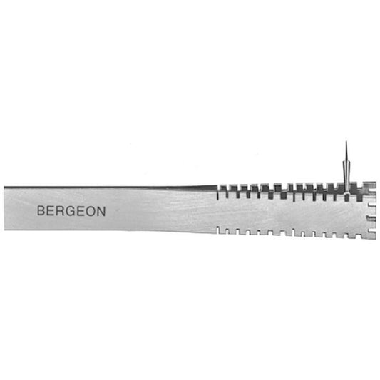 Bergeon 30004 brass tweezers holding watch hands precisely for repair and assembly.