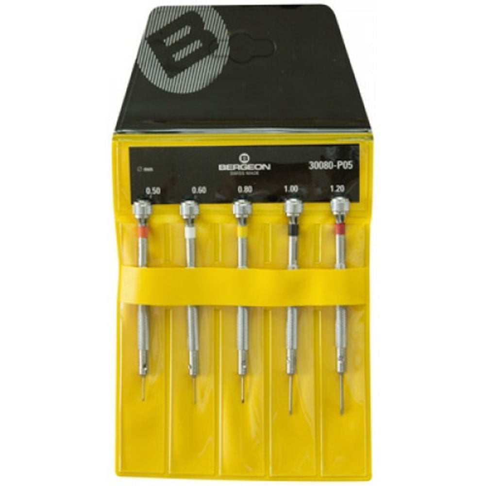 Bergeon 30080-P05 set of 5 watchmakers screwdrivers in black pouch for precise watch repair.