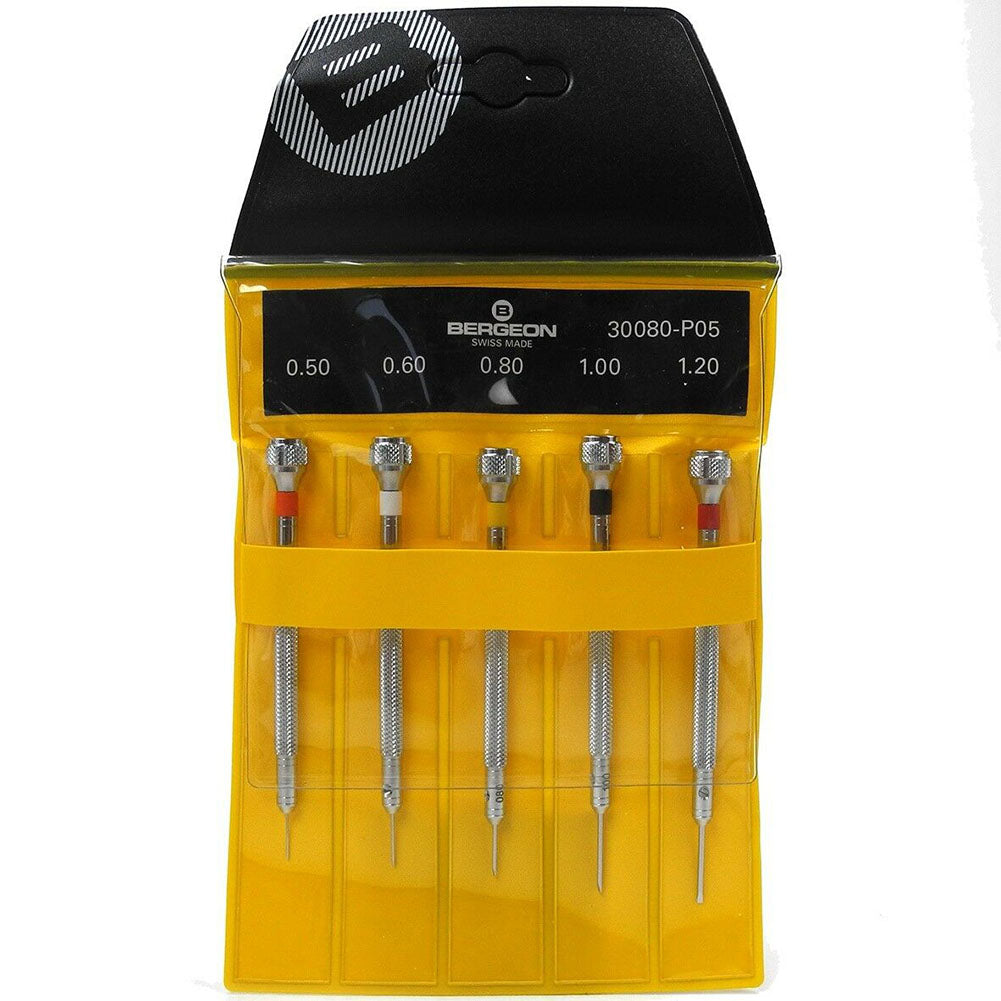 Bergeon 30080-P05 set of 5 precision watchmakers screwdrivers in black pouch for delicate watch repair tasks.