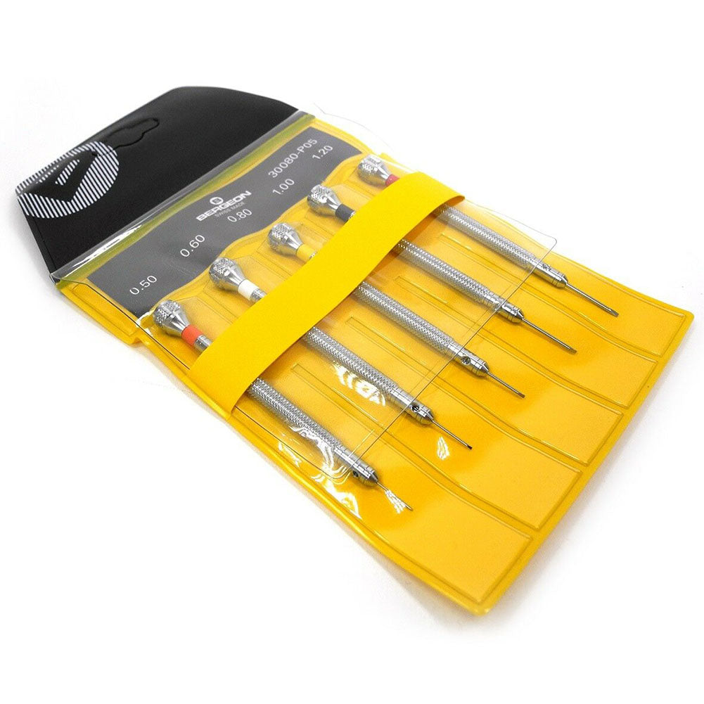 Bergeon 30080-P05 black pouch with 5 precision watchmakers screwdrivers for delicate watch repair.