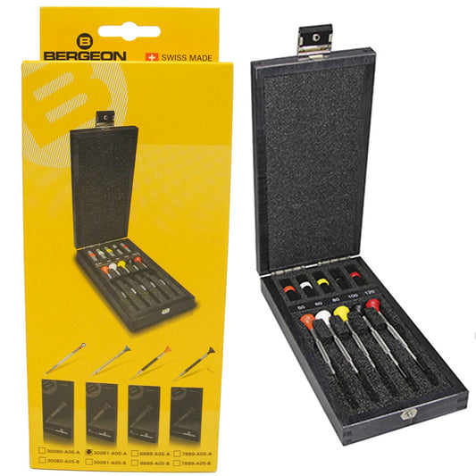 Bergeon 30081-A05 ergonomic 5-piece screwdriver set for precise watch accessory repairs.
