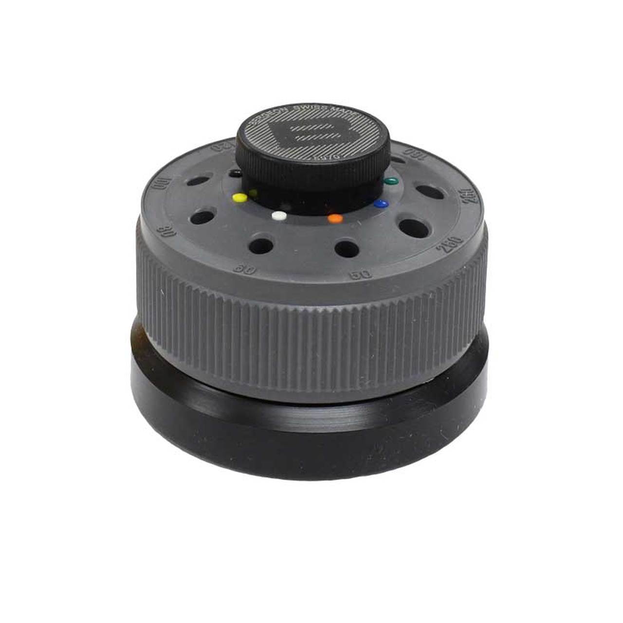 Bergeon 30081-S09 stainless steel screwdriver set with rotating stand for precise watch repair tasks.