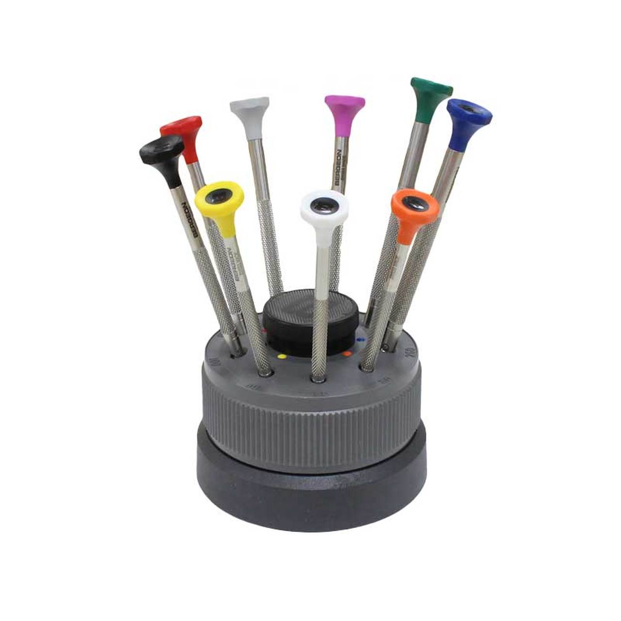 Bergeon 30081-S09 stainless steel screwdriver set with rotating stand for detailed watch repair tasks