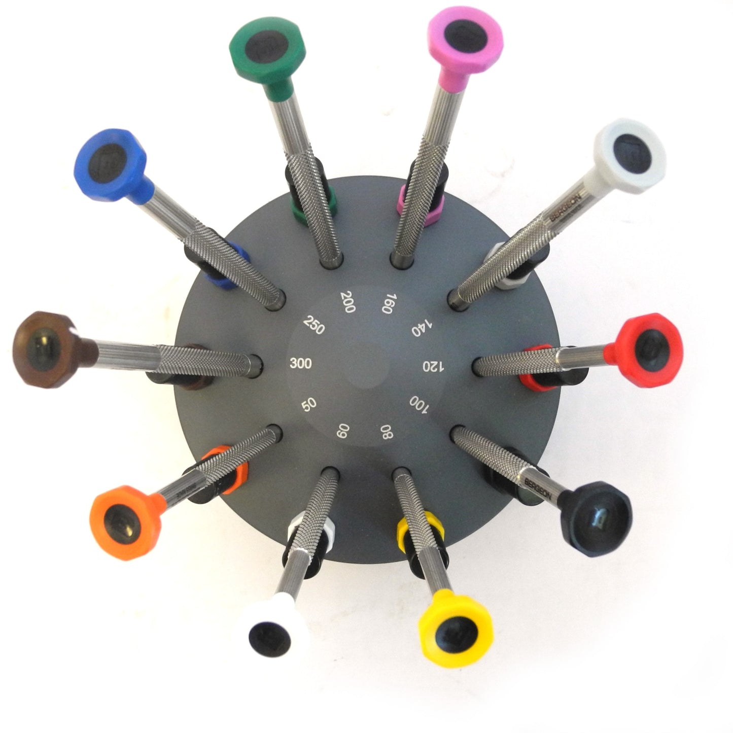 Bergeon 30081-S10 ergonomic watchmakers screwdriver set with rotating stand for precise watch repair tasks