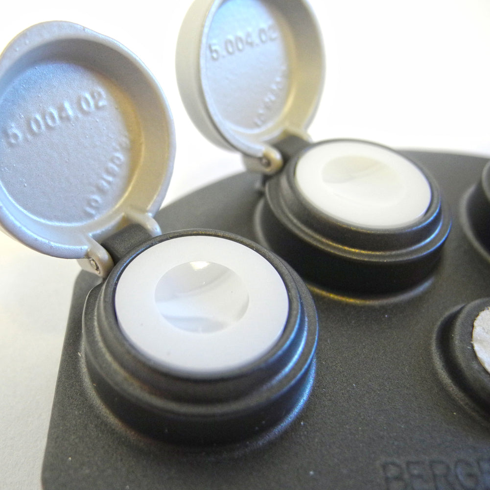 Bergeon 30180-A-C1 oil cup stand with four die-cast alloy containers for precise watch repair tools.