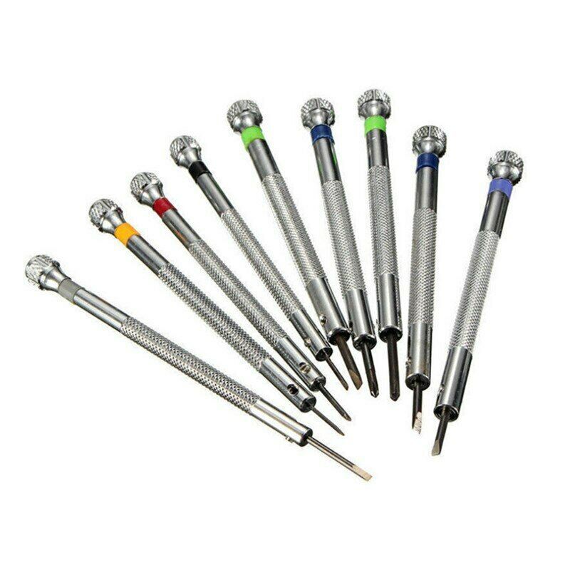 Set of 9 flat blade slotted screwdrivers 0.6-2.0mm for precise watch accessory repairs.
