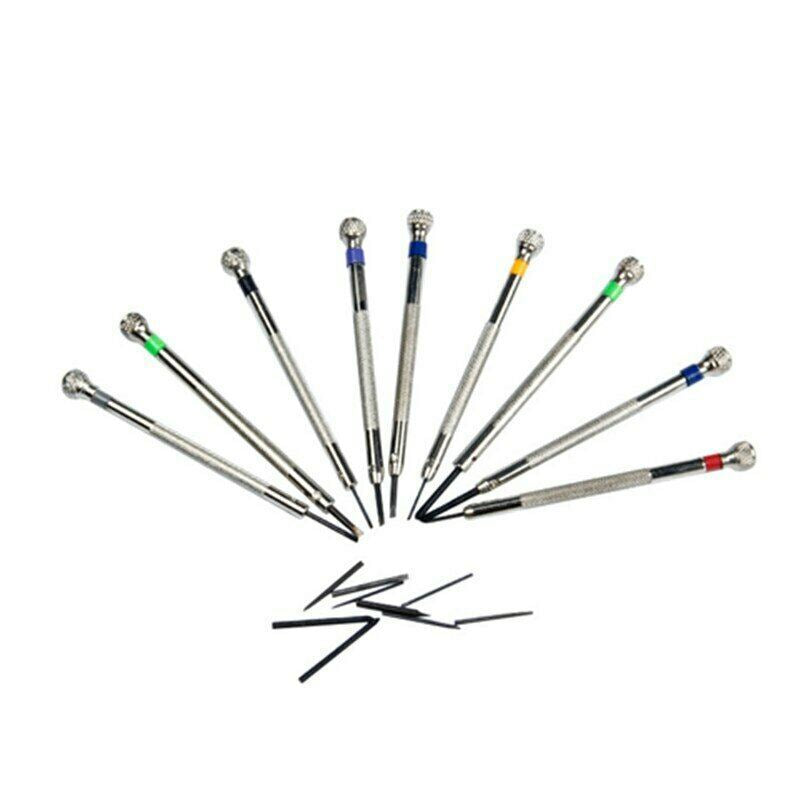 Set of 9 flat blade slotted screwdrivers 0.6-2.0mm for precise watch accessory repairs.