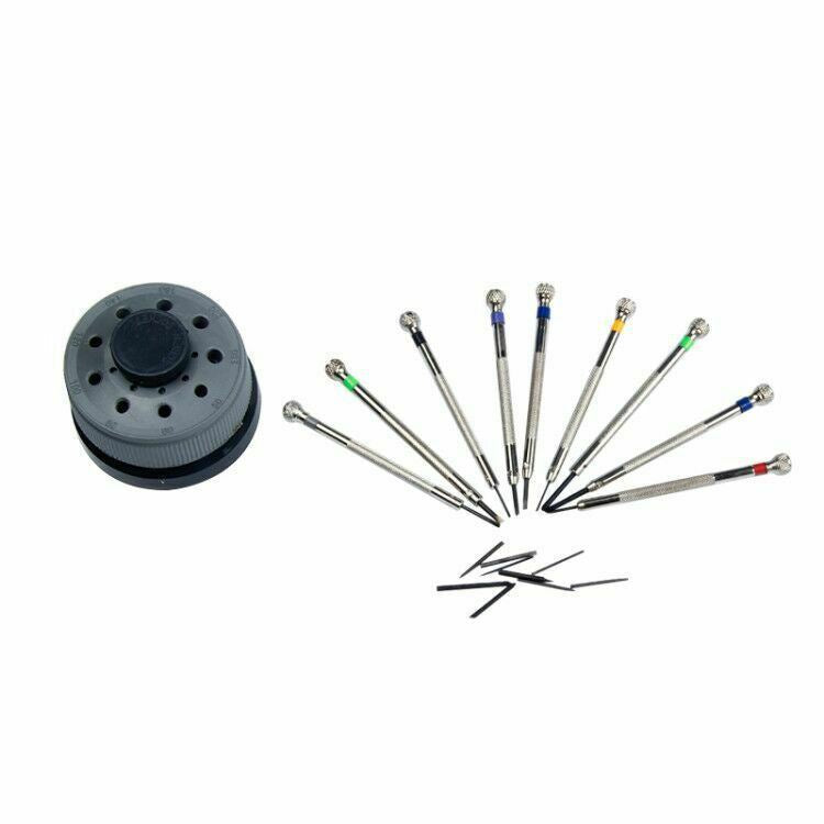 Set of 9 flat blade slotted screwdrivers 0.6-2.0mm for precise watch accessory repairs.