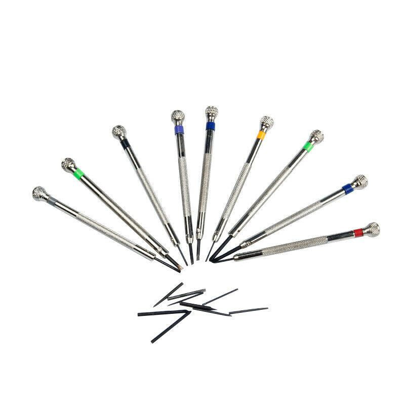Set of 9 flat blade slotted screwdrivers 0.6-2.0mm for precise watch accessory repairs and adjustments.