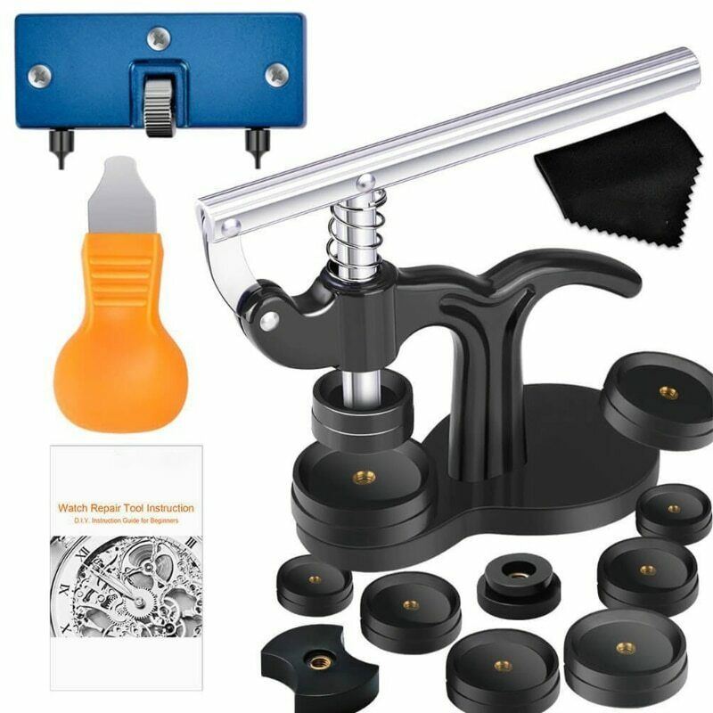Watch Back Case Press tool kit with 17 pieces for precise watch battery replacement and casing.