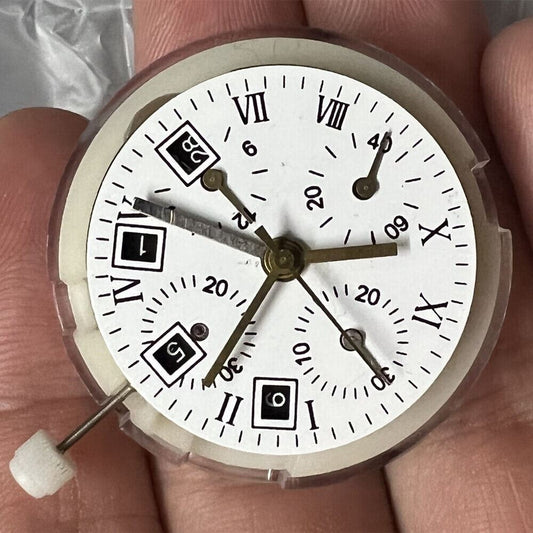 Black dial chronograph watch with ETA 7750 movement, single calendar, sleek design.