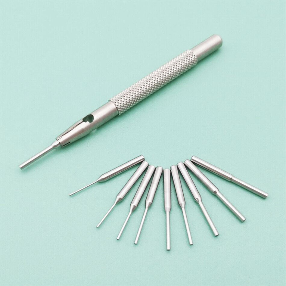 Multi-size watch strap punch tool, adjustable length for precise leather strap modifications.
