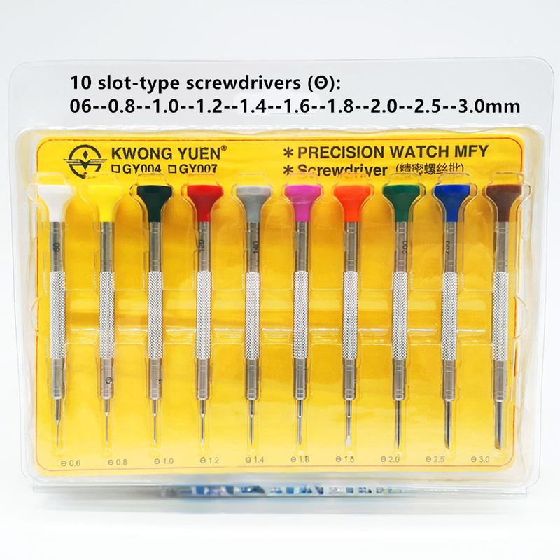 Set of 10 stainless steel precision watch screwdrivers for watch repair and adjustment.