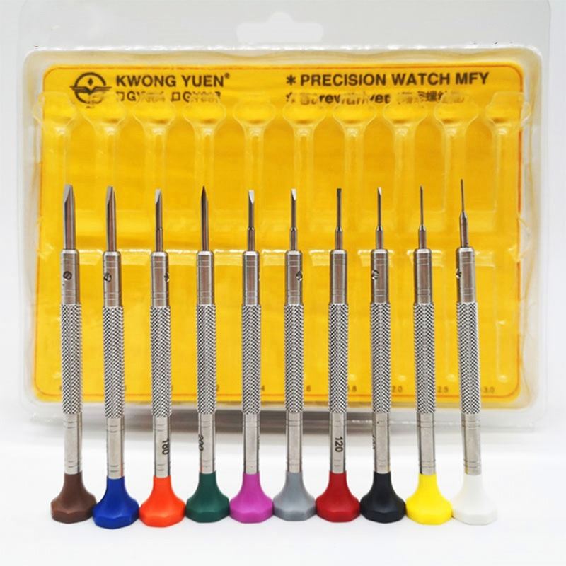 Set of 10 stainless steel precision watch screwdrivers for watch repair and adjustment.