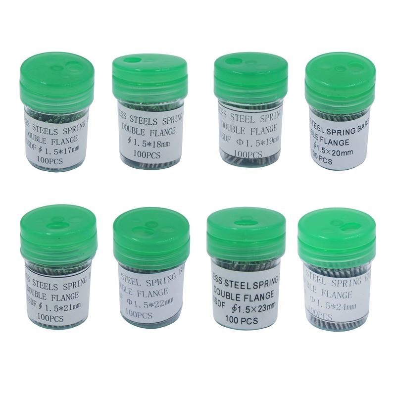 Stainless steel spring bar pins set, 100pcs, fits 8-25mm watch bands for secure attachment.