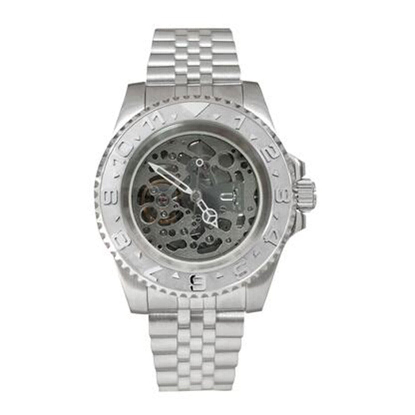 NH70 40mm stainless steel watch case with sapphire glass, hollow dial, and luminous hands for sleek timekeeping.