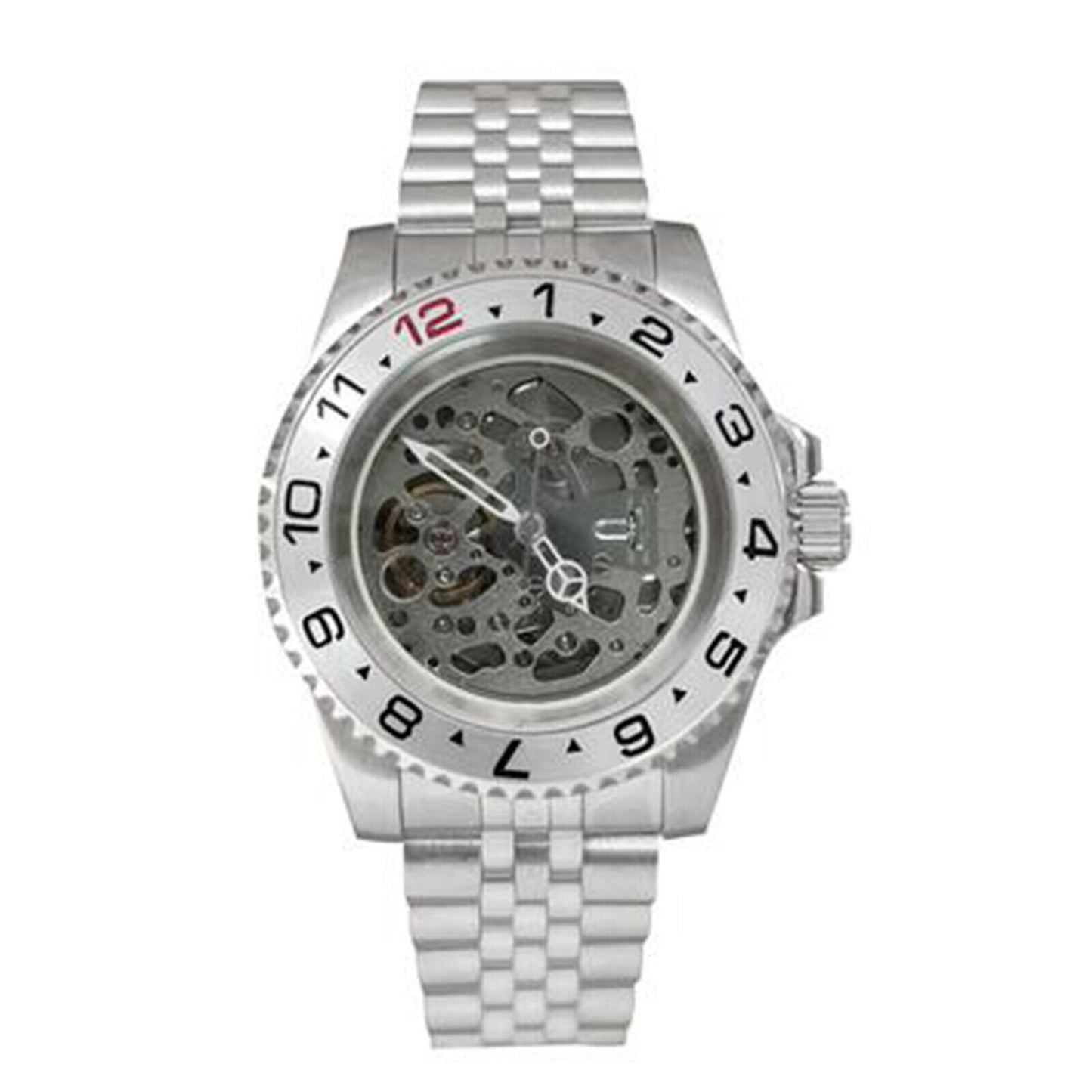 NH70 40mm stainless steel watch case with sapphire glass, hollow dial, and luminous hands by NH70, ideal for stylish watch customization.