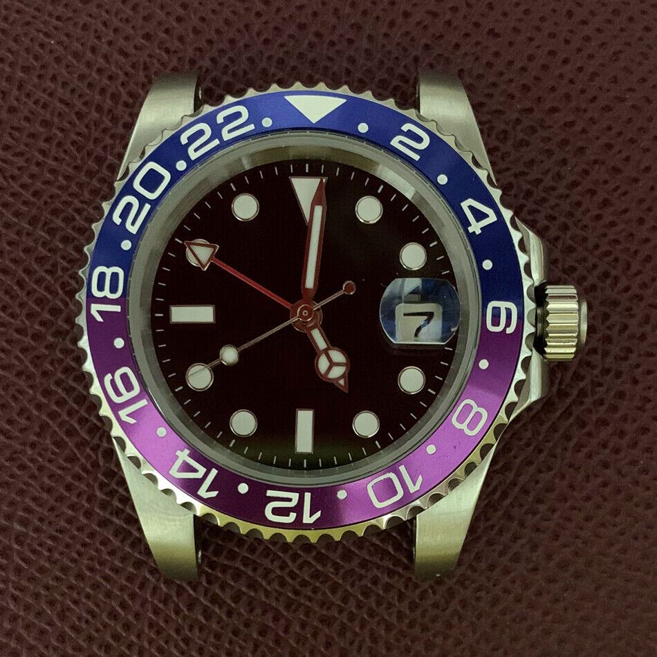 40mm 316L stainless steel GMT watch case with sapphire glass and luminous hands by 3804.