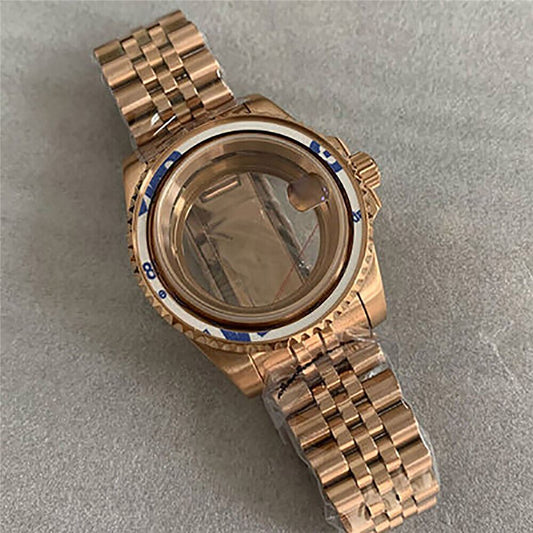 Golden 40mm watch case with sapphire glass, compatible with NH35/36 movement; premium watchband accessory.