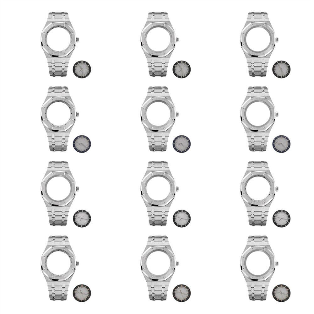 41MM NH70 watch case with black strap, silver dial, and luminous watch hands for custom builds.